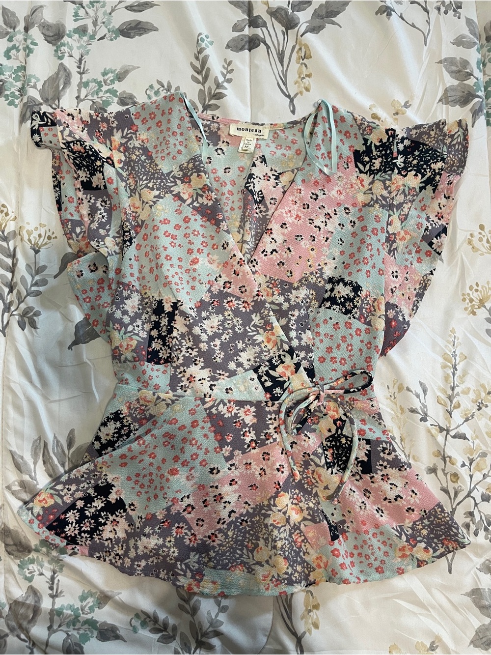 Monteau Mint and Pink Floral Patchwork Wrap Blouse
